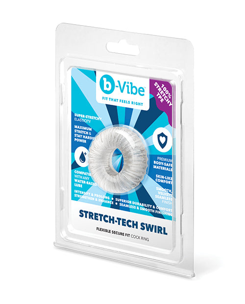 b-Vibe Stretch-Tech Swirl Flexible Secure Fit Cock Ring packaging showcasing its innovative design and features.