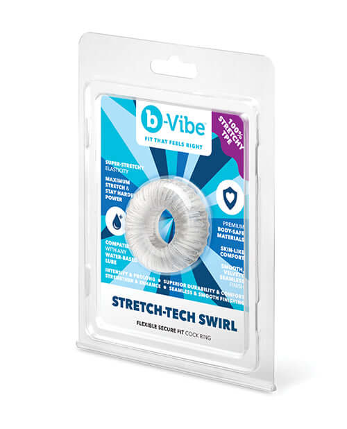 b-Vibe Stretch-Tech Swirl Flexible Secure Fit Cock Ring packaging showcasing its innovative design and features.