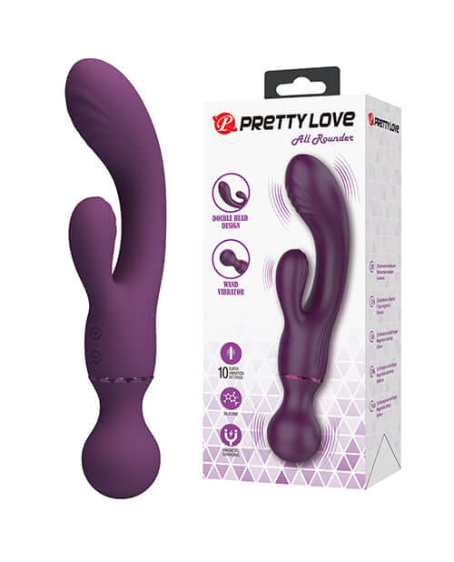 Pretty Love All Rounder Vibrator Purple with dual motors and 10 vibration modes, shown in packaging.