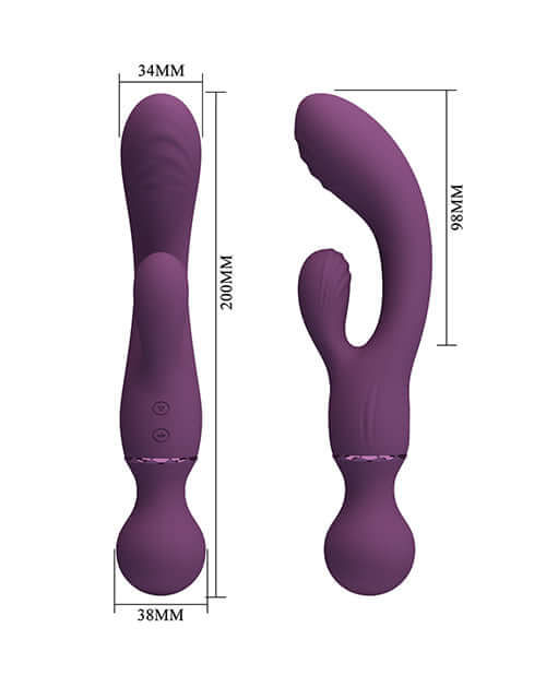 Pretty Love All Rounder Vibrator Purple dual-stimulation toy with measurements and silicone texture.