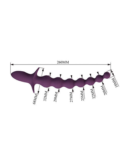 Pretty Love Extreme Series Powerful Vibration Rigdon 10-inch vibrating toy with beaded design and dimensions shown.