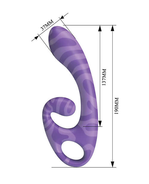 Pretty Love Sumner Rabbit Vibrator Purple dimensions with curved design and soft swirl pattern in purple.