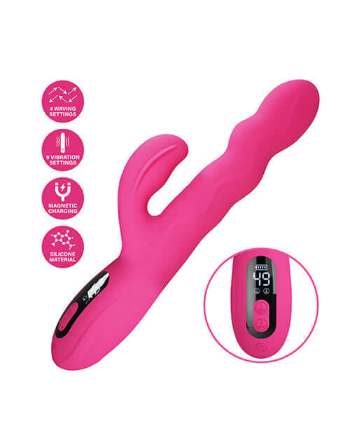 Pretty Love Winters Squiggle Vibrator Pink features 4 waving settings and 8 vibration settings, made of silicone with magnetic charging.