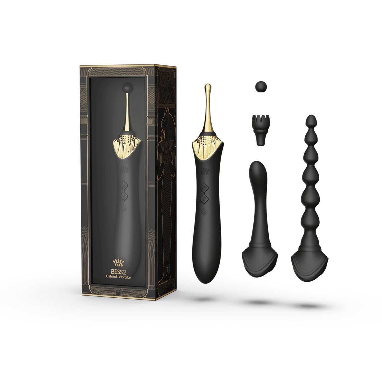 Bess 2 Clitoral Massager in Obsidian Black with multiple attachments and packaging shown, featuring targeted stimulation and waterproof design
