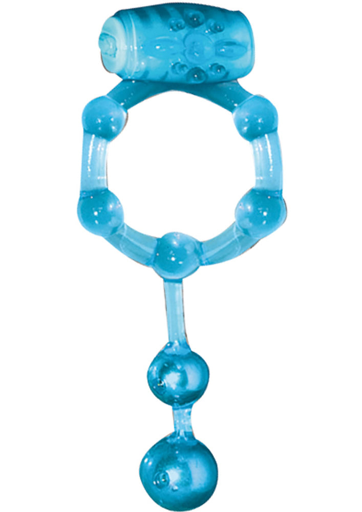 The Macho Erection Keeper Vibrating Cock Ring Blue shown from the front, featuring a stretchy design for stimulation.