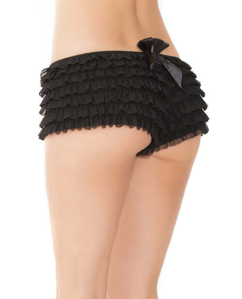 Ruffle Shorts with Back Bow Detail Black OS XL showcasing playful ruffles and feminine back bow.