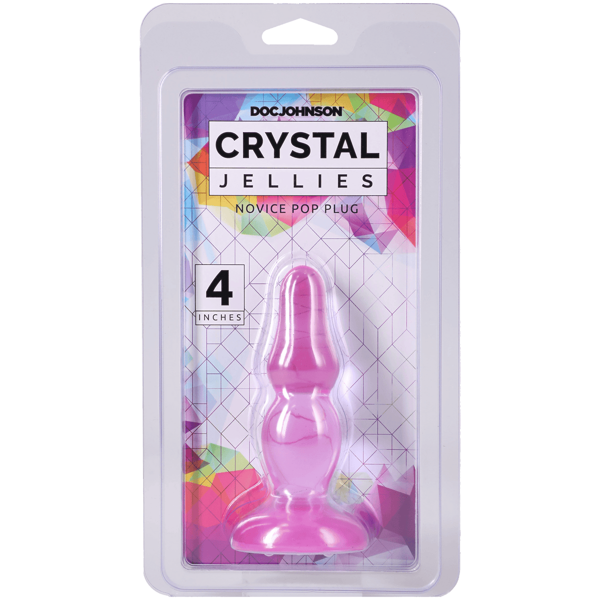 Crystal Jellies Novice Pop Plug 4 Inch Purple in packaging, perfect for beginner backdoor pleasure.