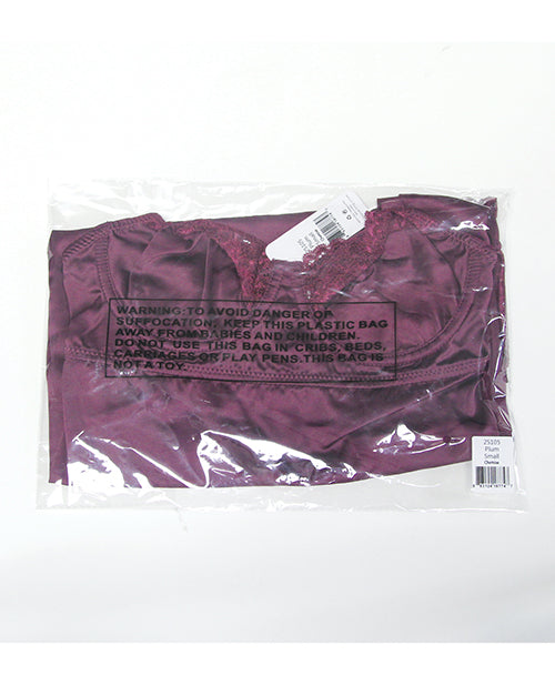 Coquette Lace Satin Underwire Chemise Mauve Plum displayed in packaging with warning label.