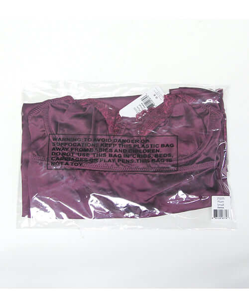 Coquette Lace Satin Underwire Chemise Mauve Plum displayed in packaging with warning label.