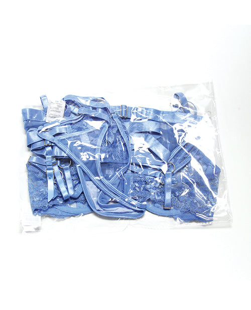 Coquette Floral Lace Bra Garter and Thong 3 Piece Set Blue displayed in packaging with delicate lace and ribbons.