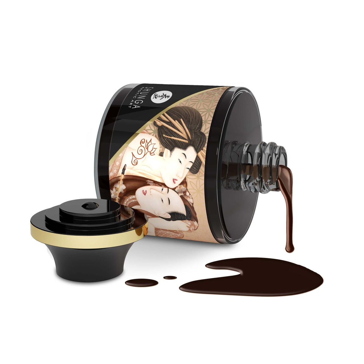 Shunga Edible Body Paint Aphrodisiac Chocolate in a stylish bottle with chocolate paint spilling out.
