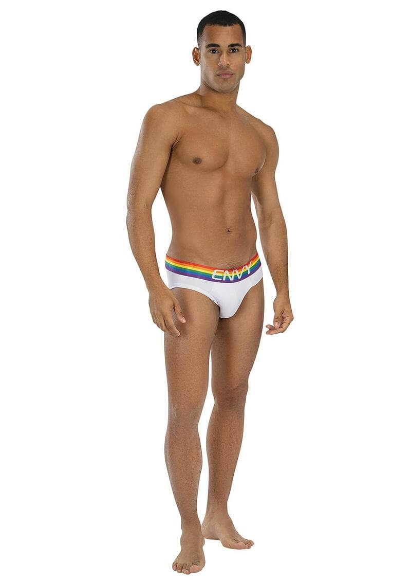 Envy Rainbow Radiant White & Rainbow Medium Large model showcasing bold styling and comfort with a vibrant waistband.