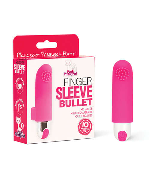 Pink Pussycat Finger Sleeve Bullet Vibrator packaging with bullet vibrator and informative text features.