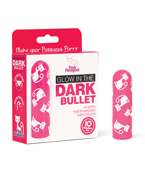 Pink Pussycat Glow in the Dark Bullet Vibrator packaging with a compact bullet vibrator design.