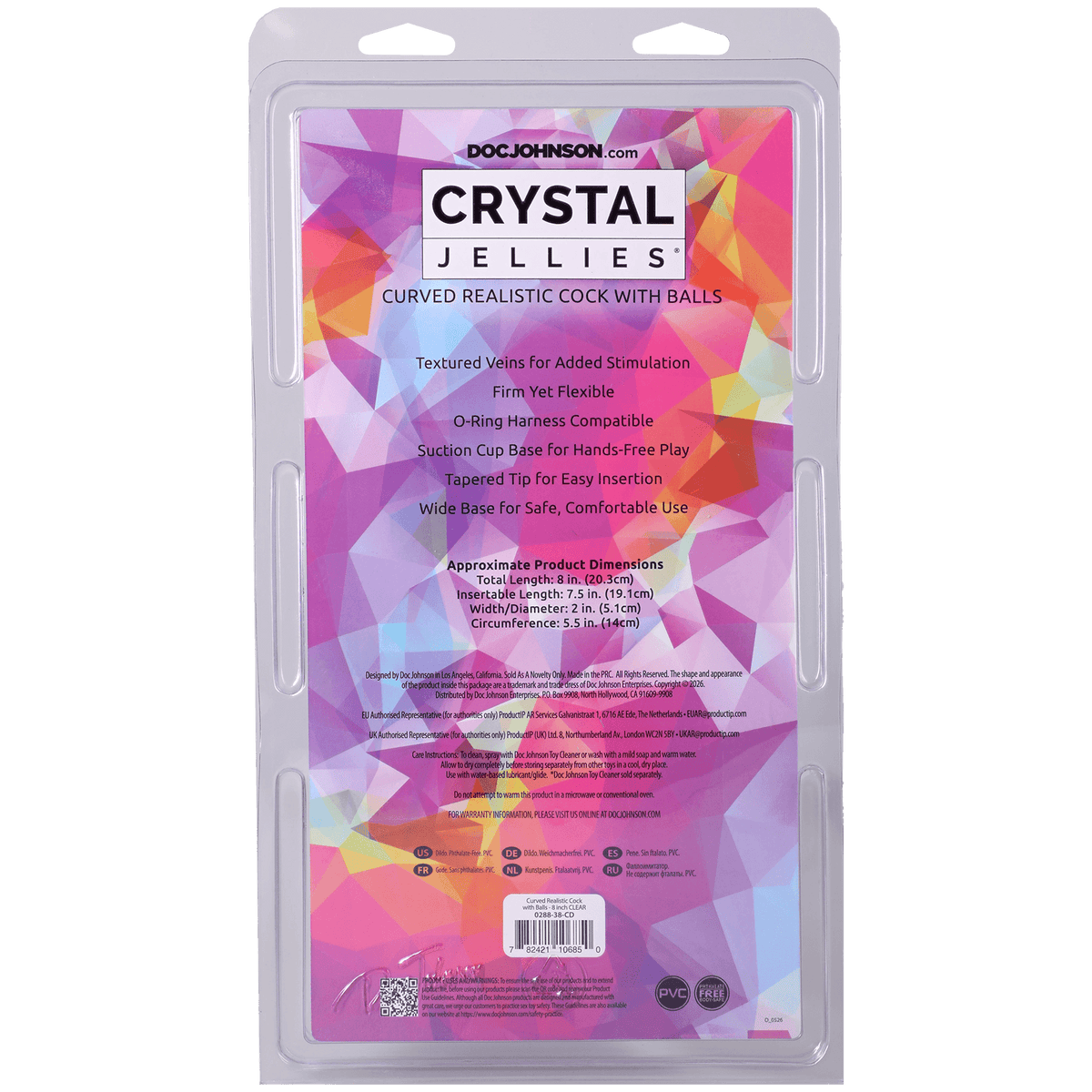 Crystal Jellies Curved Realistic Cock With Balls 8 Inch Clear packaging highlighting features and dimensions.