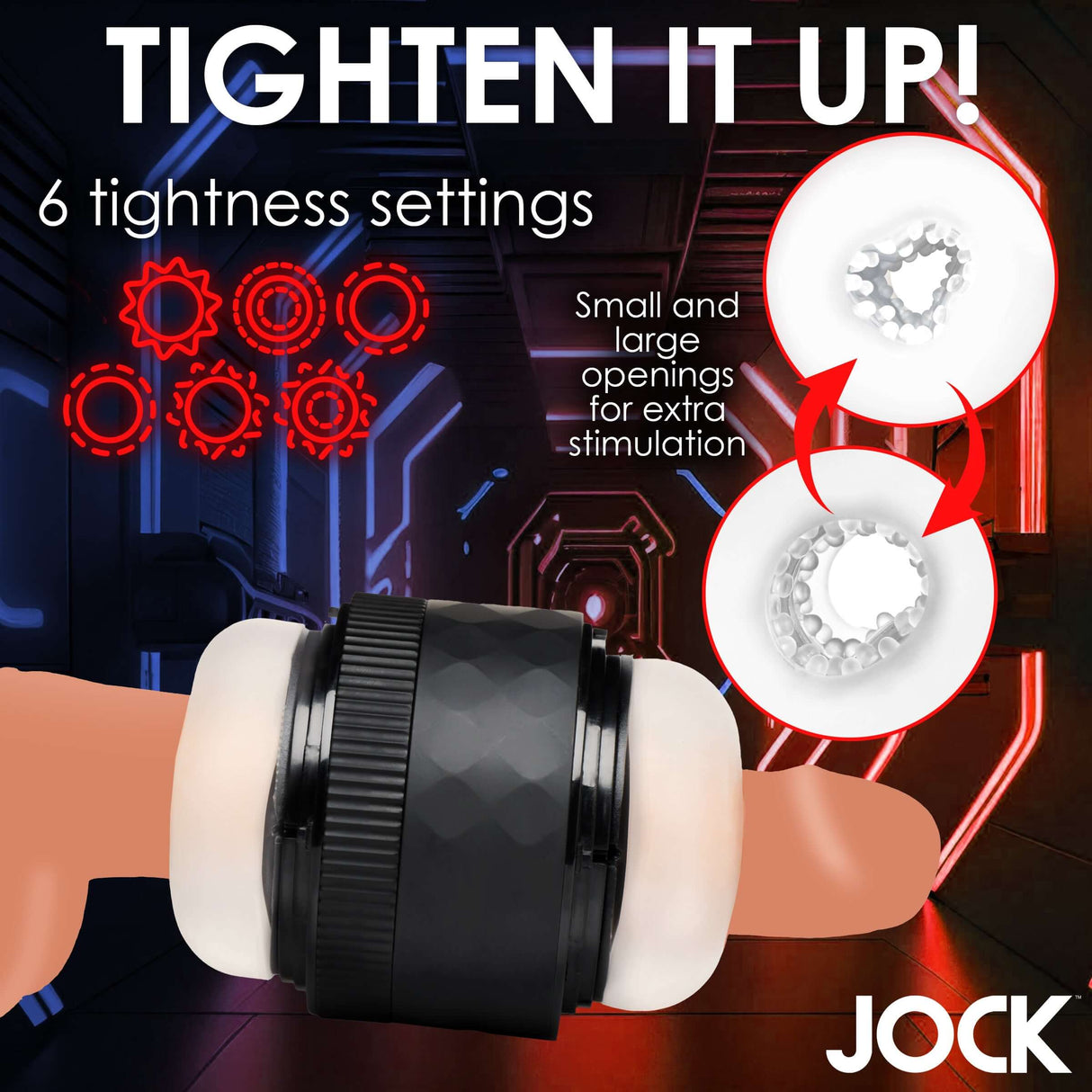 Jock Tightening Masturbator Open Ended with 6 adjustable tightness settings for customizable pleasure.