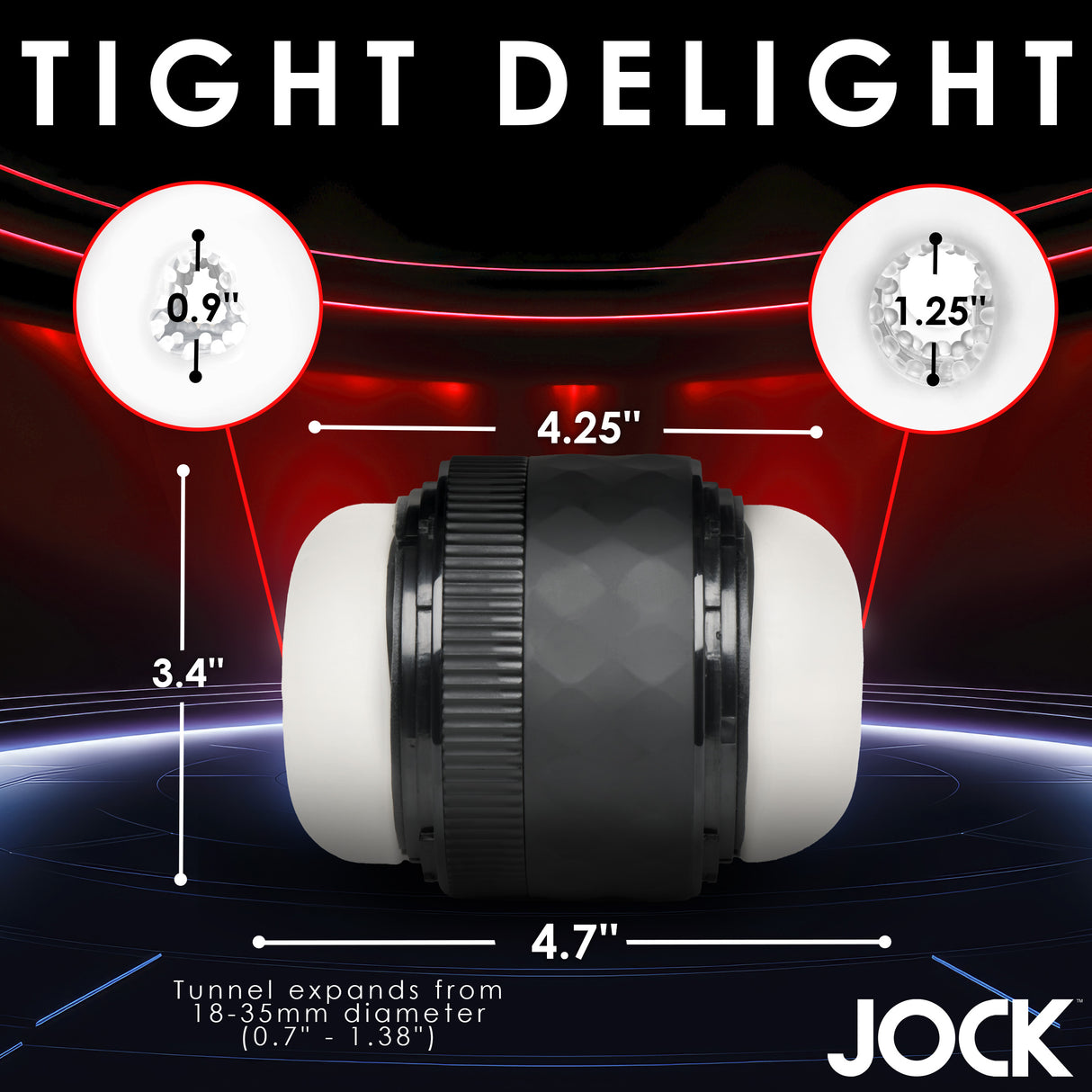 Jock Tightening Masturbator Open Ended with adjustable tightness levels and varying tunnel diameters.