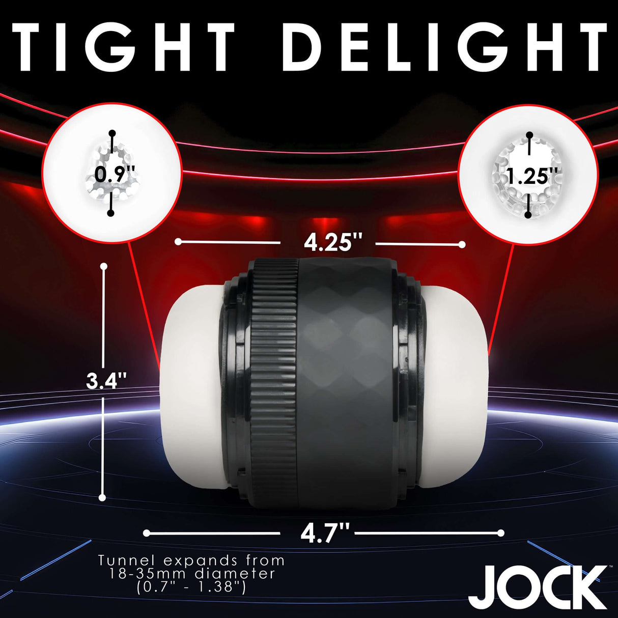 Jock Tightening Masturbator Open Ended with adjustable tightness levels and varying tunnel diameters.