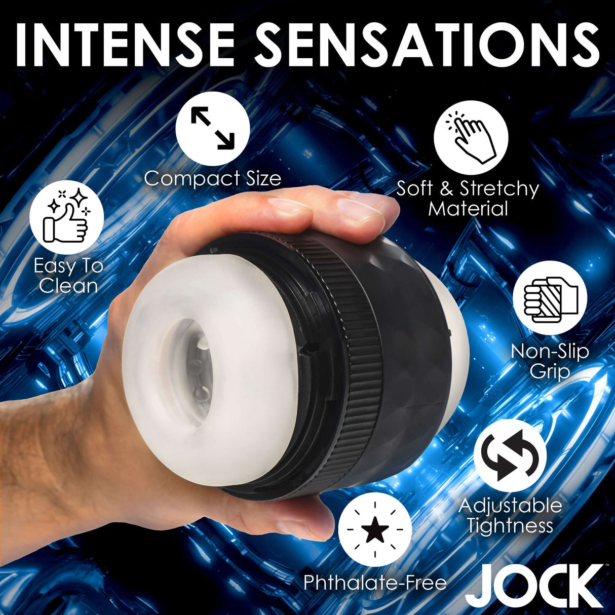Jock Tightening Masturbator Open Ended with compact size, adjustable tightness, and soft stretchy material for intense sensations.