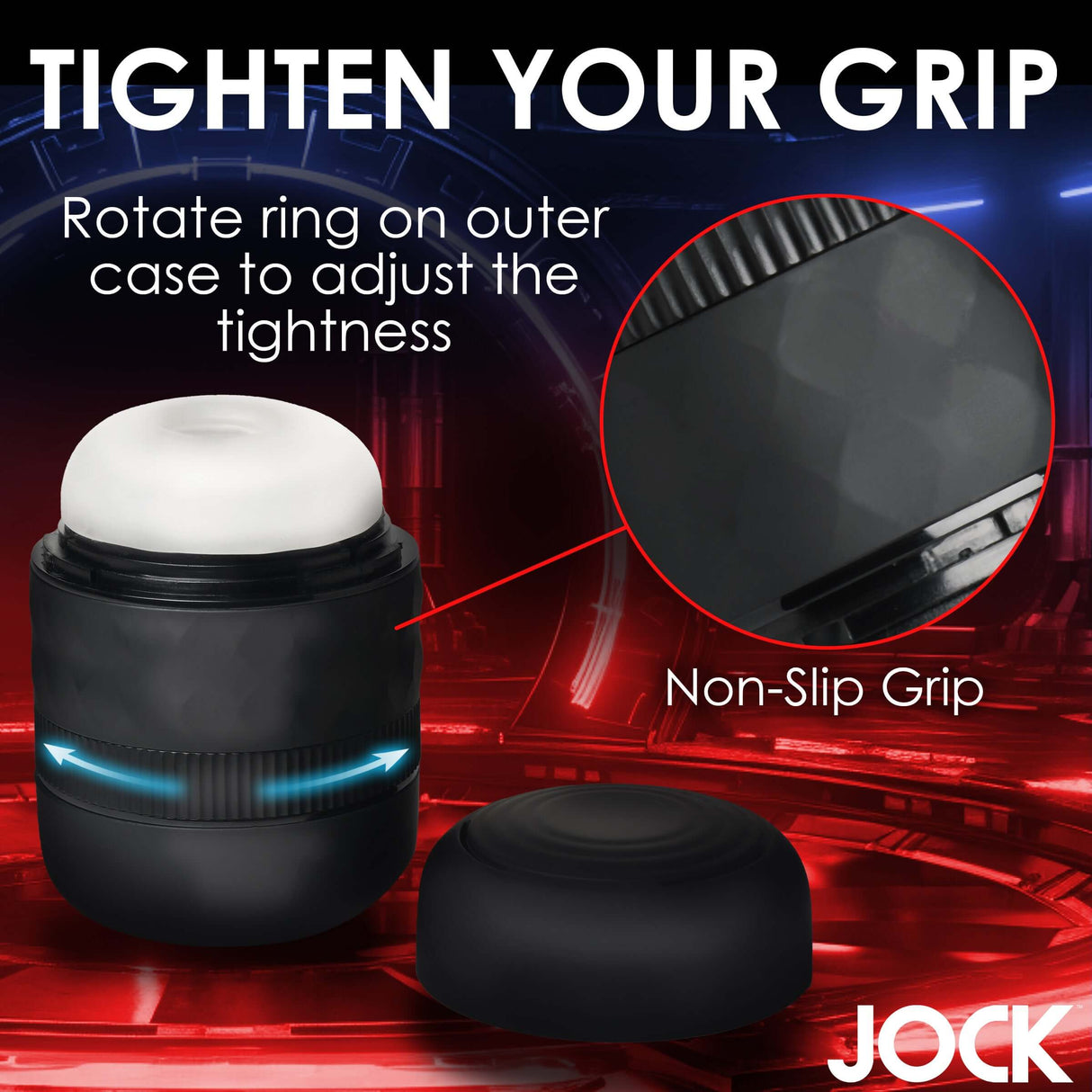 Jock Tightening Masturbator Open Ended showing adjustable tightness ring and non-slip grip features.