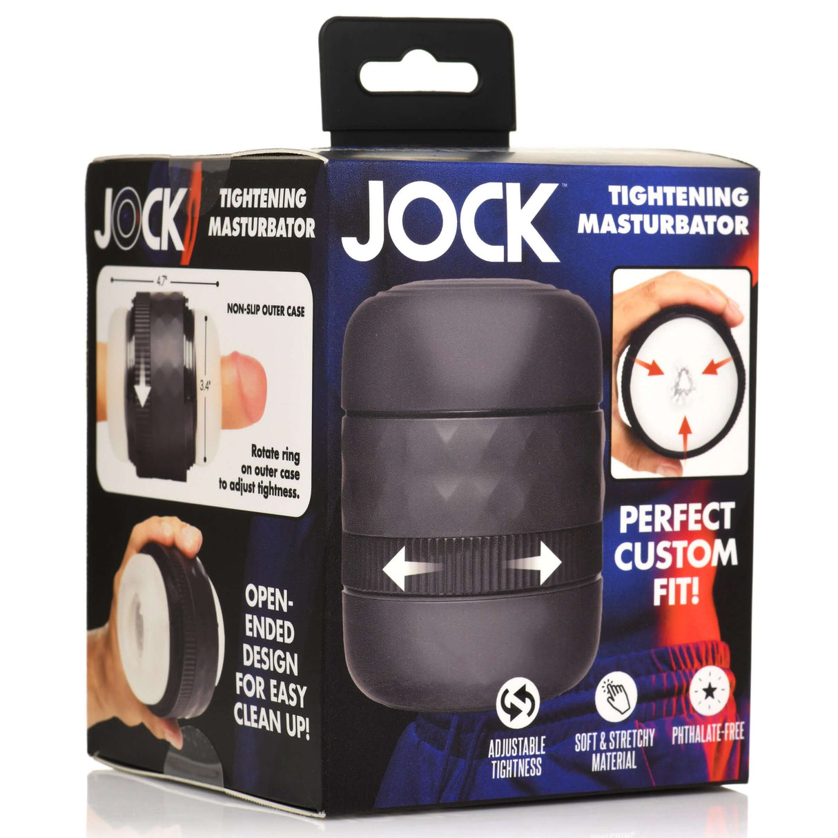 Jock Tightening Masturbator Open Ended packaging showcasing adjustable tightness levels and soft, stretchy material.