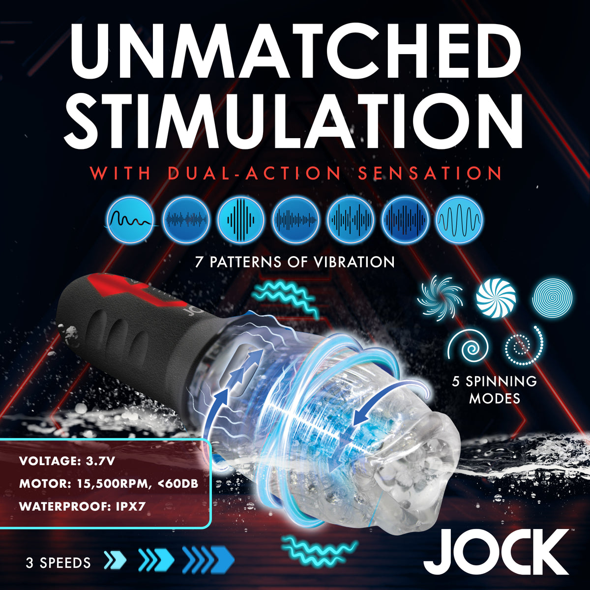 Jock Spinning and Vibrating Masturbator Black with unmatched stimulation and dual-action sensation.