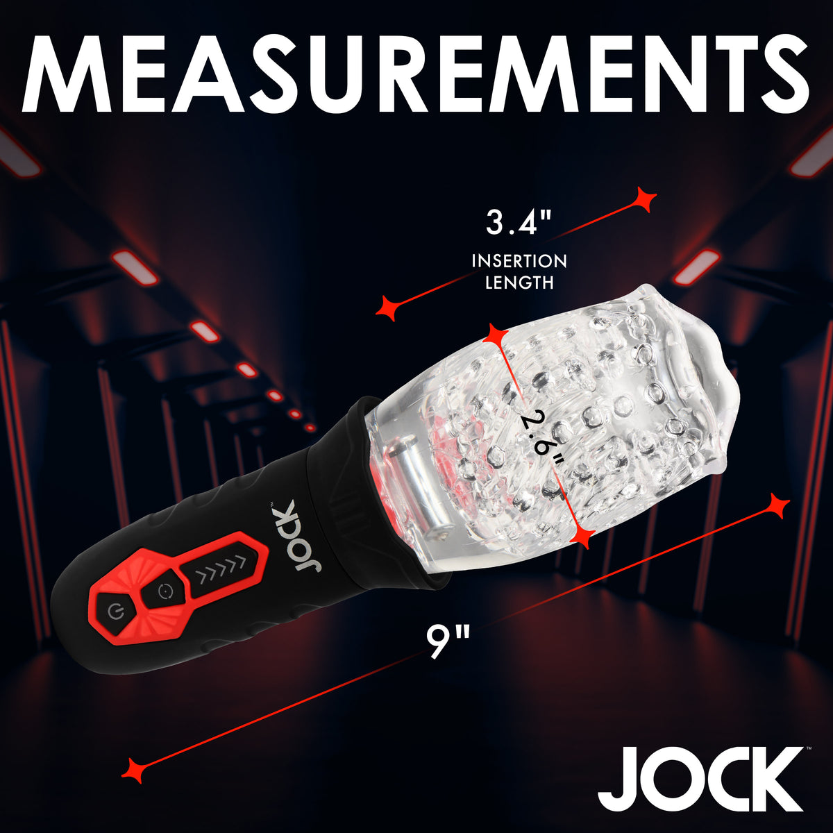 Measurements of the Jock Spinning and Vibrating Masturbator Black showing insertion length and dimensions.