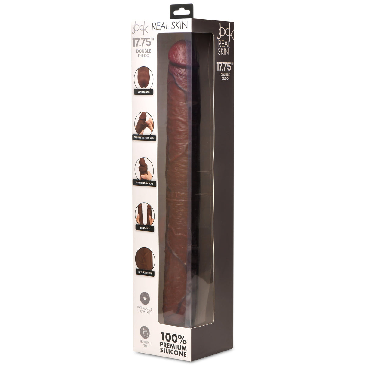 Jock Real Skin 17.75 Inches Double Dildo Dark packaged for heightened pleasure in premium silicone.