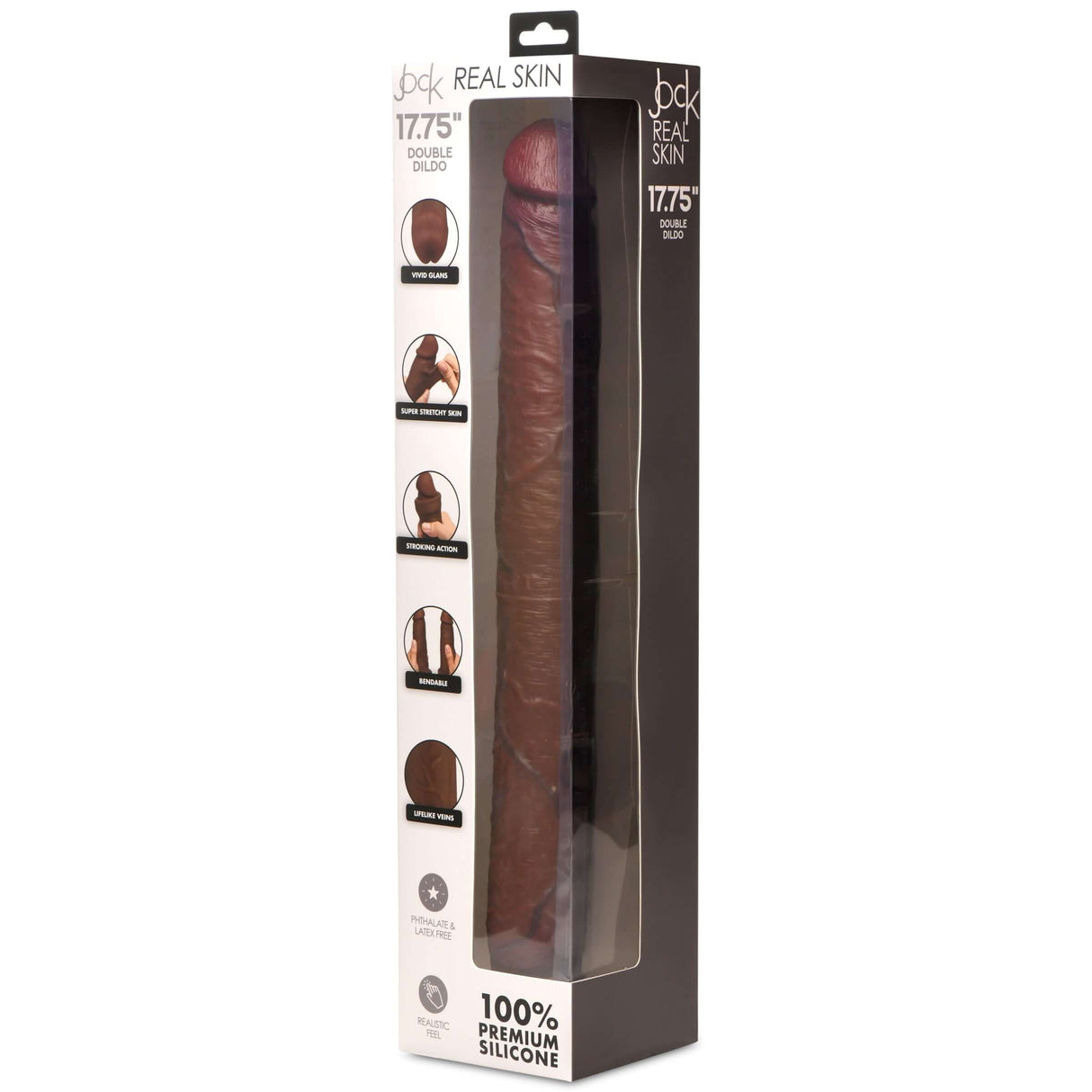 Jock Real Skin 17.75 Inches Double Dildo Dark packaged for heightened pleasure in premium silicone.