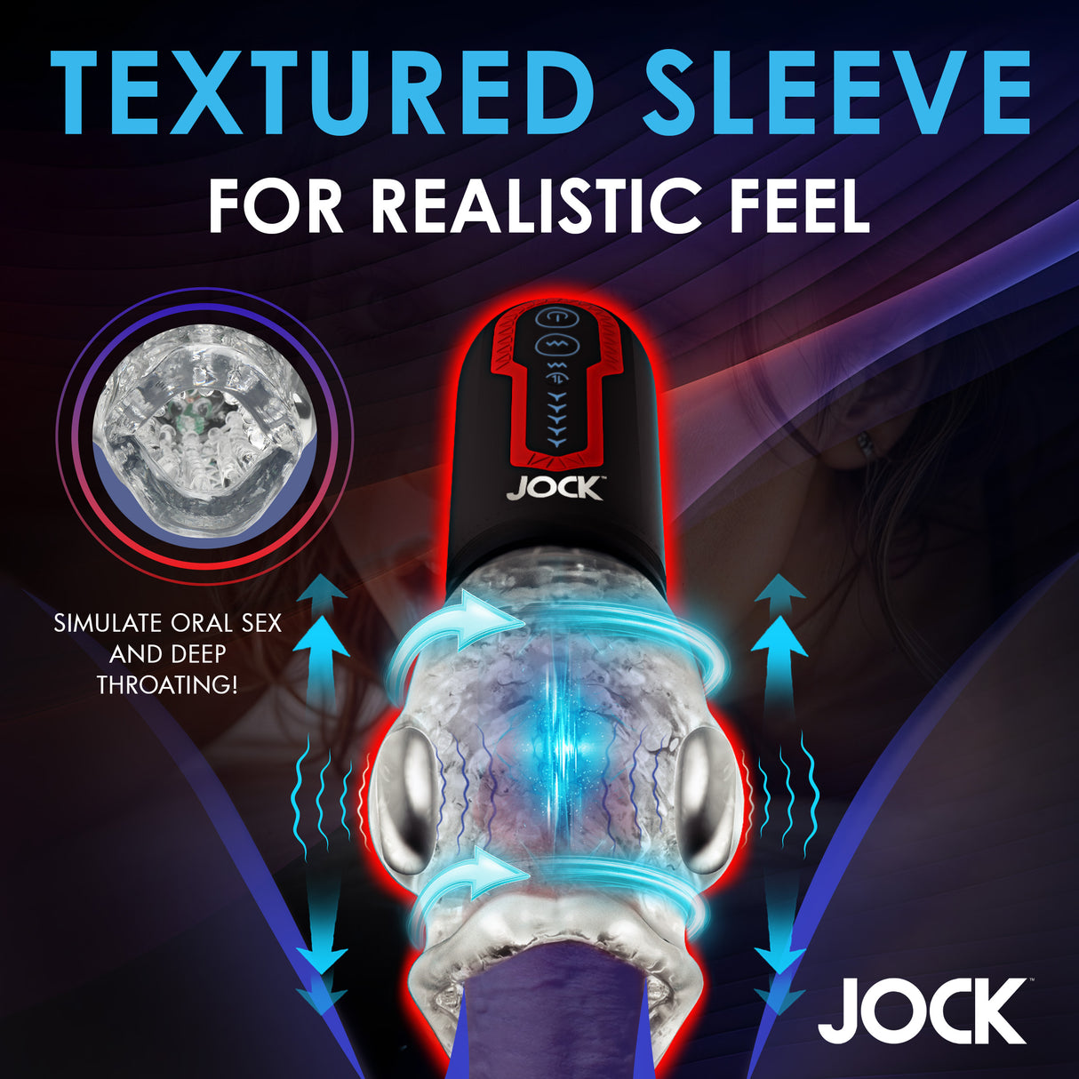 Jock Spinning & Thrusting Masturbator with 2 Bullets featuring a textured sleeve for realistic feel.
