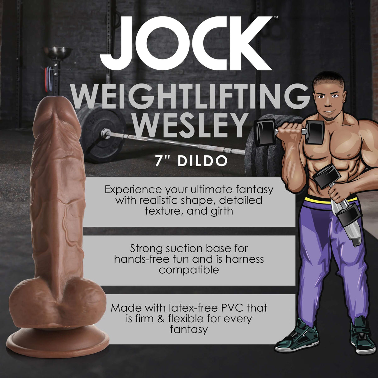 Jock Weightlifting Wesley 7 Inch Dildo showcasing realistic design and texture, made from body-safe PVC.