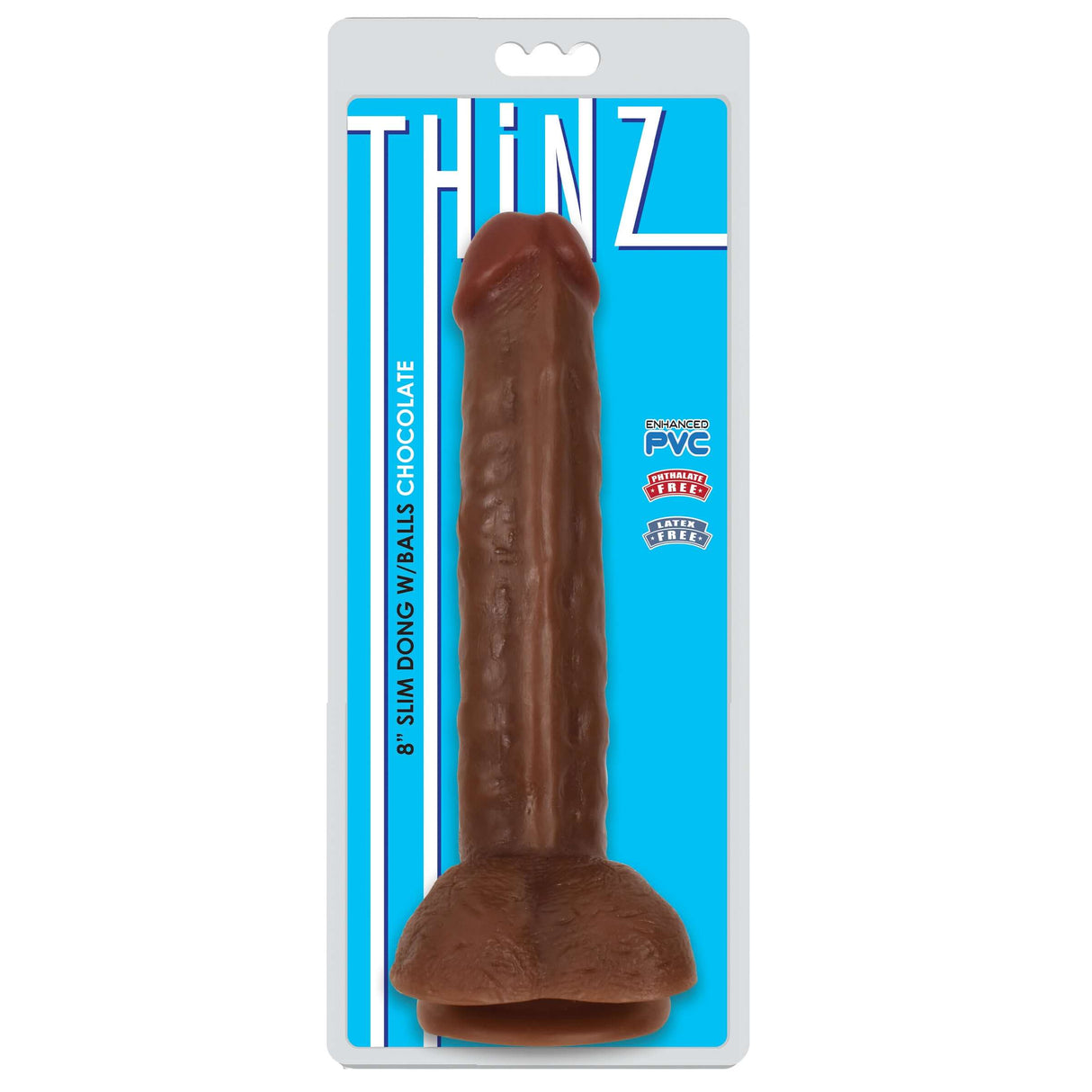 Thinz 8 Inch Slim Dildo with Balls Dark displayed on packaging against a vibrant blue background.