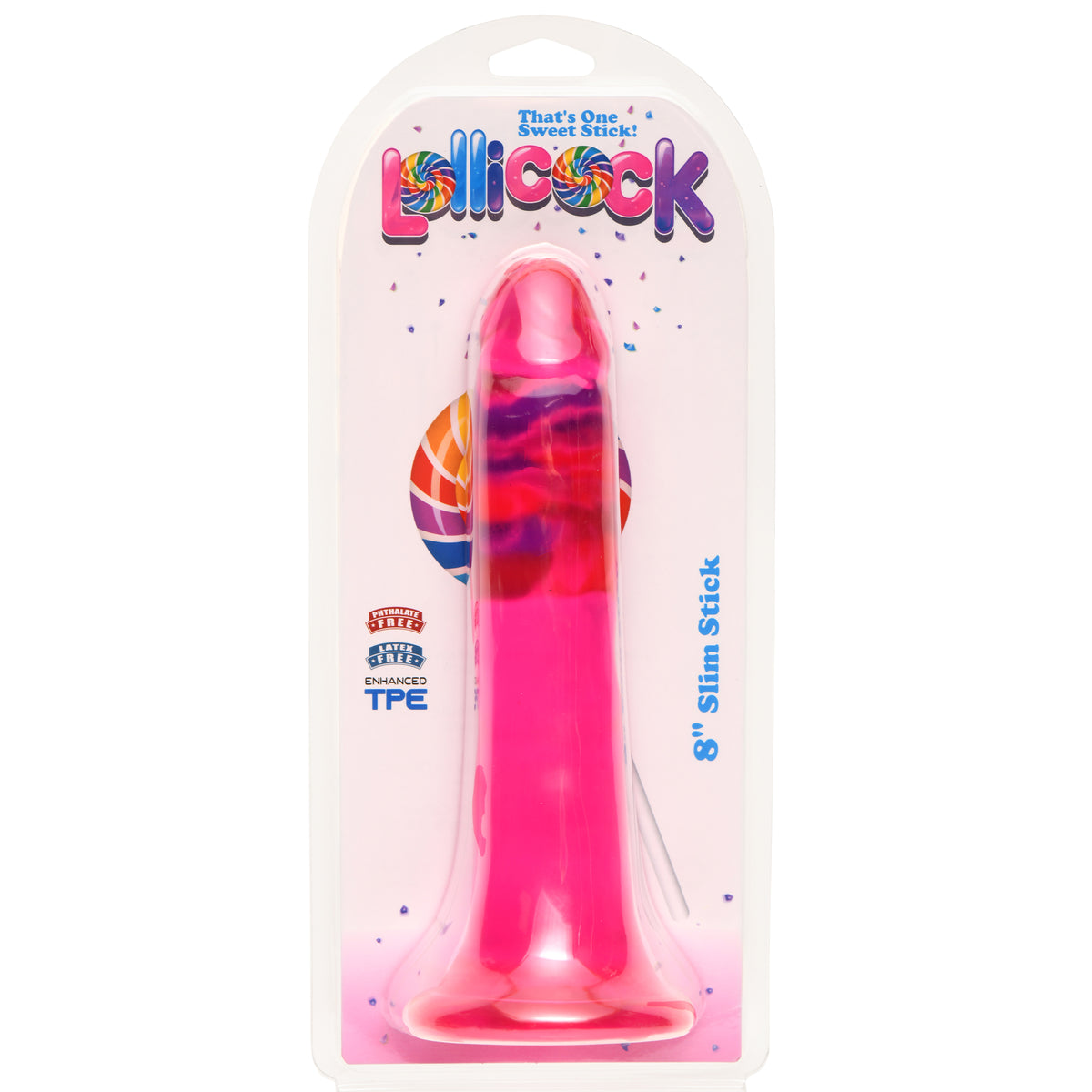 Lollicock 8 Inch Slim Stick Cherry Ice Dildo in packaging, featuring a slim, translucent design.