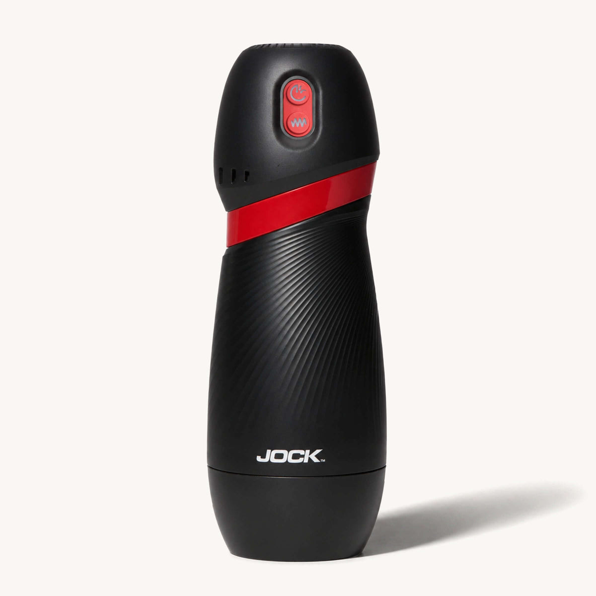 Jock BLAST Sucking & Vibrating Masturbator in black with red accents, designed for hands-free suction and deep vibration.