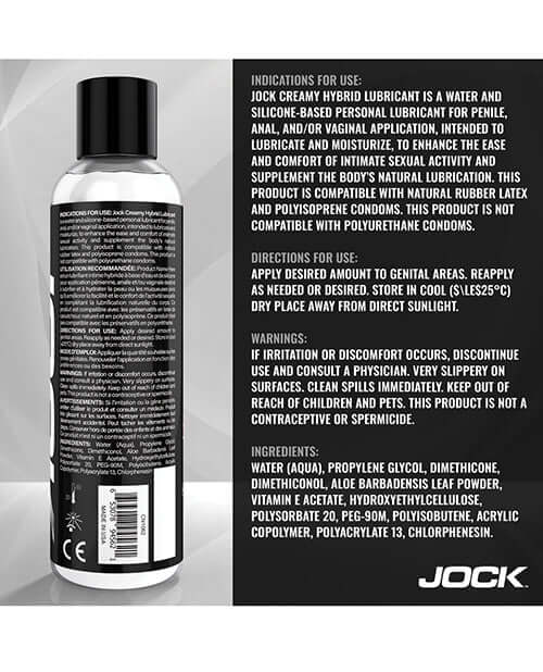 Curve Toys Jock Creamy Cum Hybrid Lubricant 8 oz bottle with usage instructions and ingredients listed.