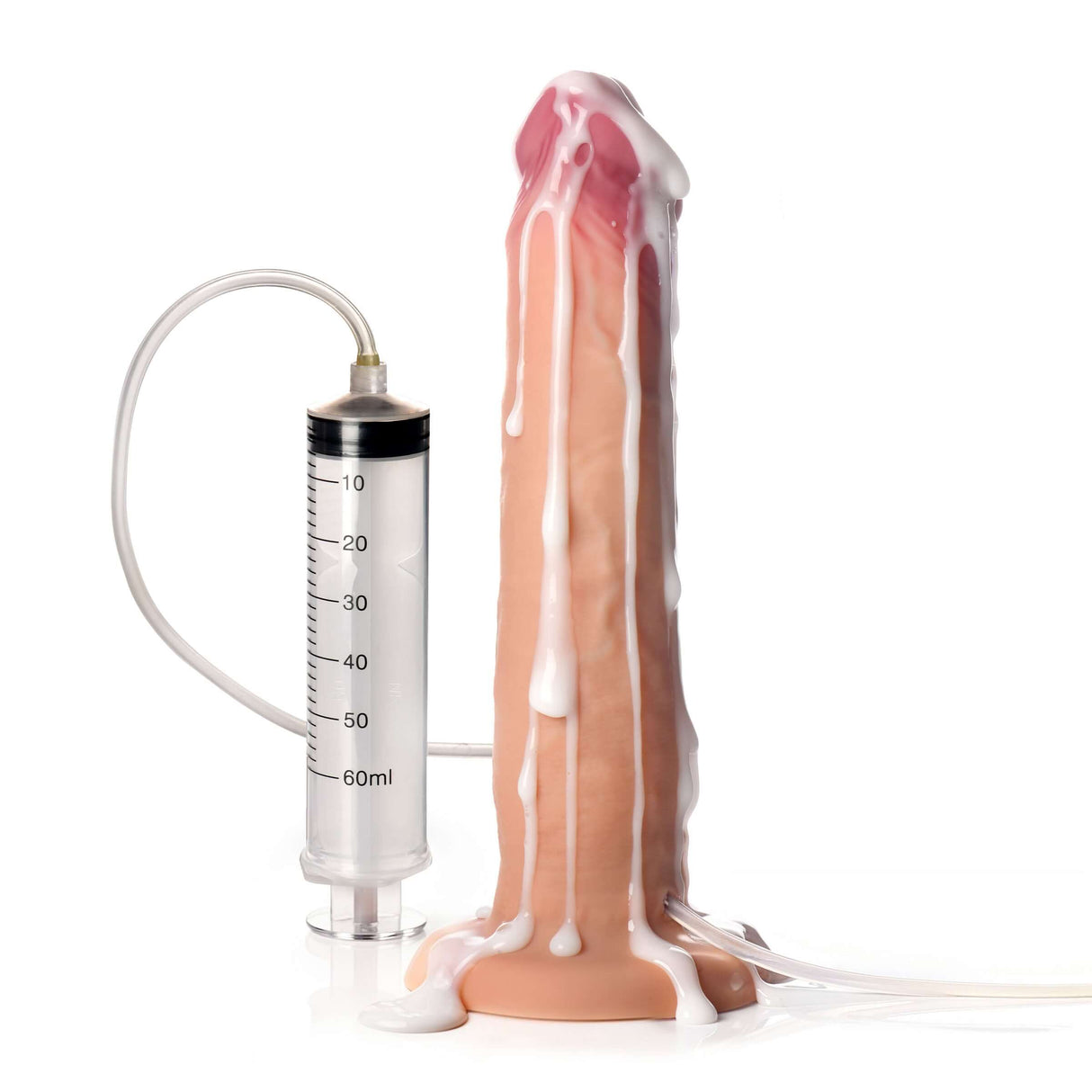 Jock Ejaculating Silicone Dildo 9.75 inches with suction base and realistic finish, featuring an injector.