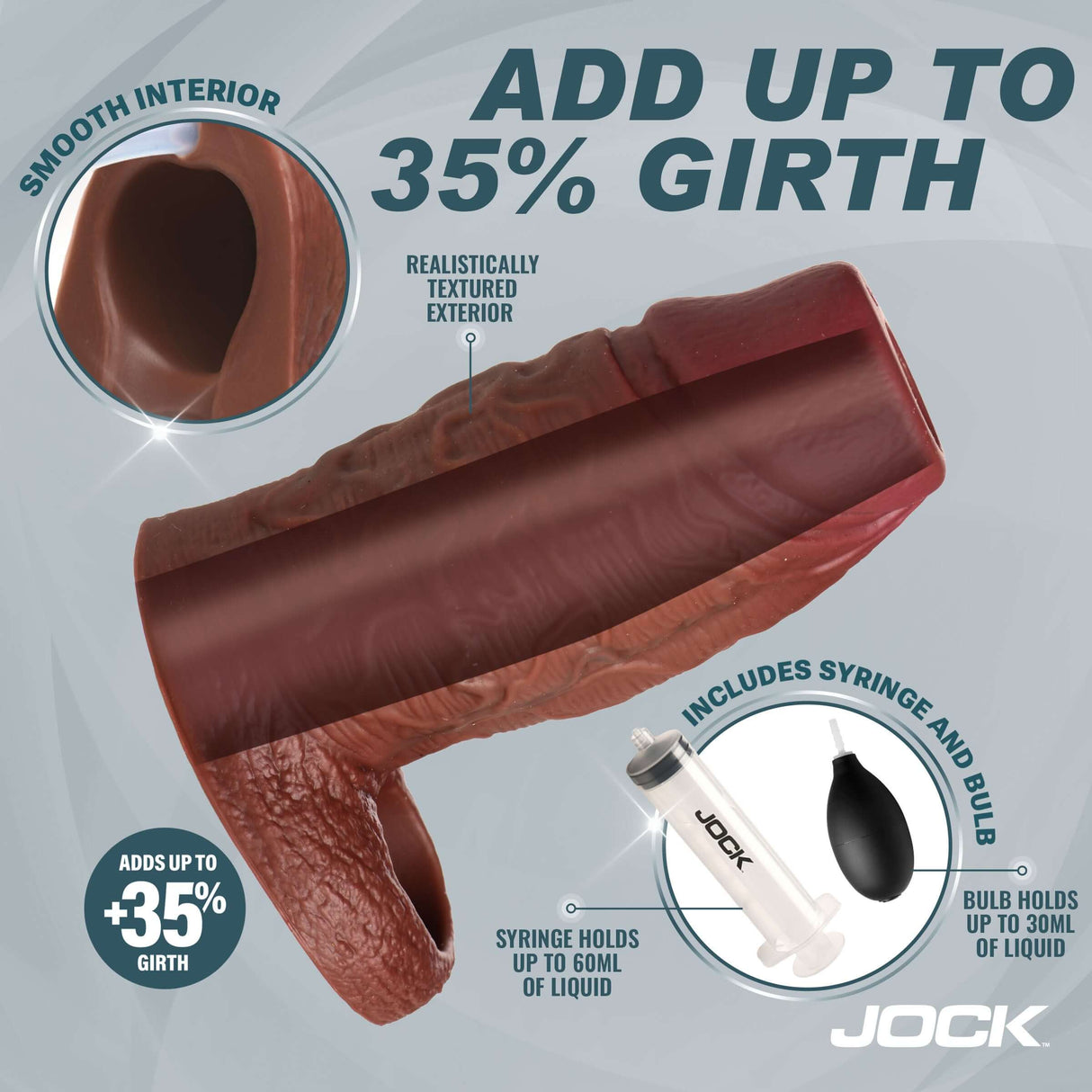 Jock Silicone Penis Enhancer with Ball Strap Dark showcasing realistic texture and smooth interior, adding up to 35% girth.