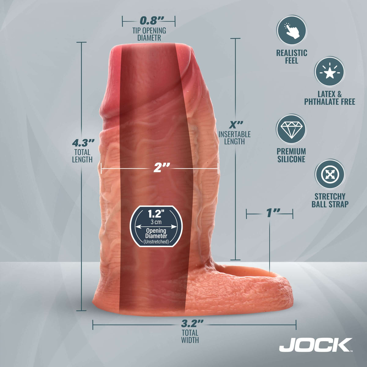 Jock Silicone Penis Enhancer with Ball Strap Light realistic design dimensions and features infographic.