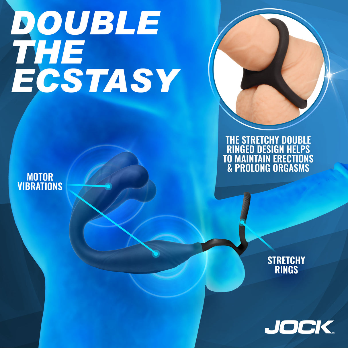 Jock Axis Gyrating Prostate Vibrator with C-Ring showcasing double rings and motor vibrations for intense pleasure.