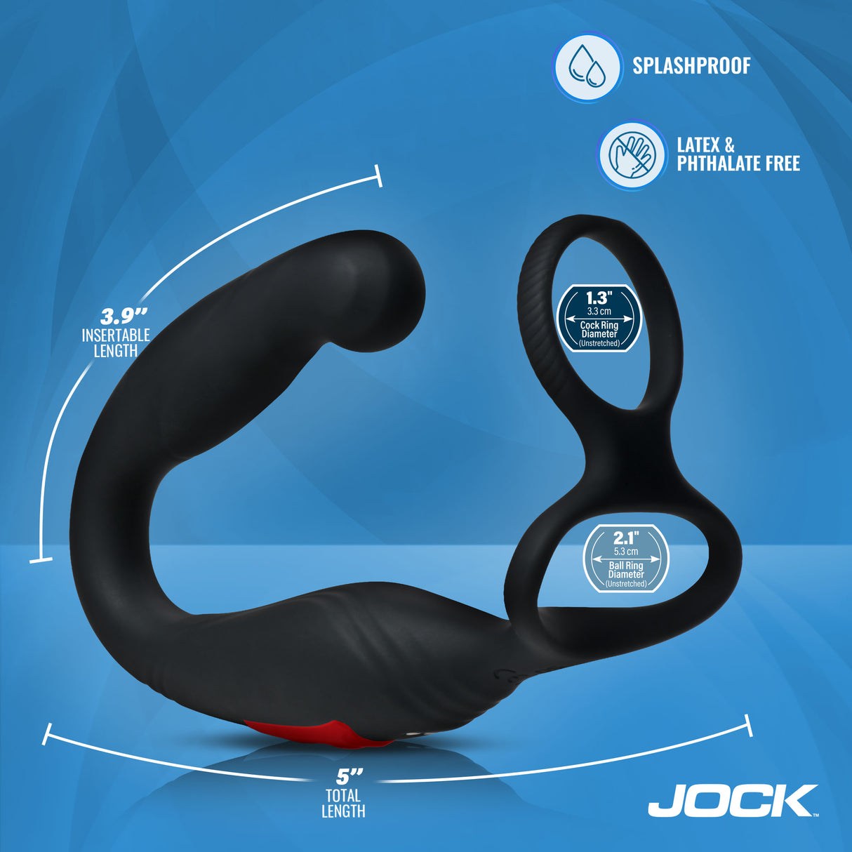Jock Axis Gyrating Prostate Vibrator with C-Ring showcasing its dimensions and features, including splashproof design.