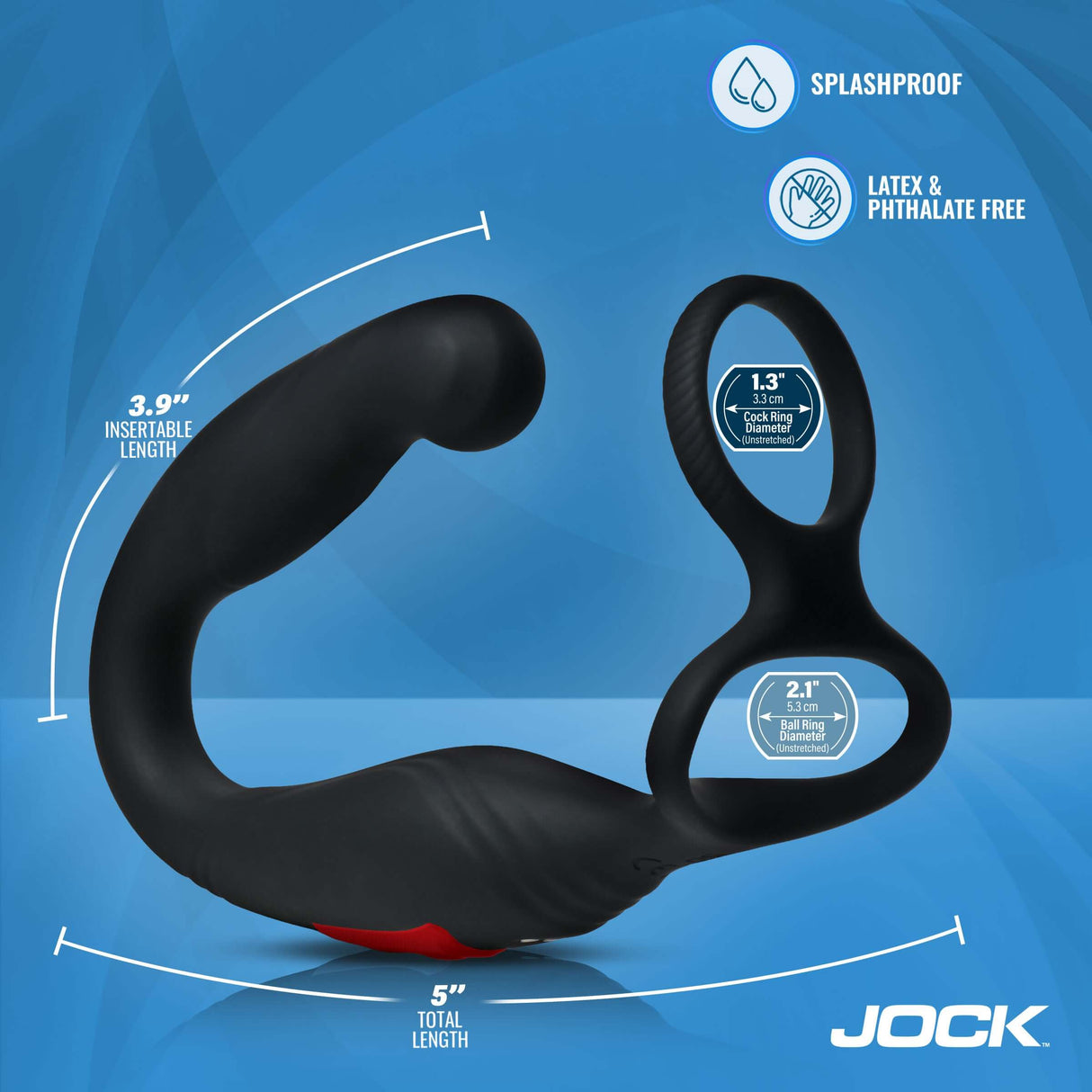 Jock Axis Gyrating Prostate Vibrator with C-Ring showcasing its dimensions and features, including splashproof design.