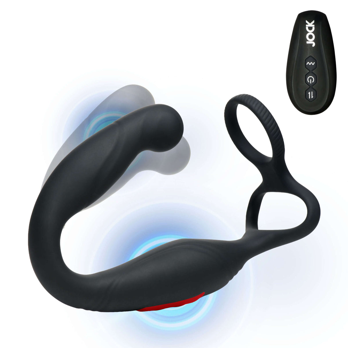 Jock Axis Gyrating Prostate Vibrator with C-Ring next to its remote control, featuring sleek design and ergonomic shape.