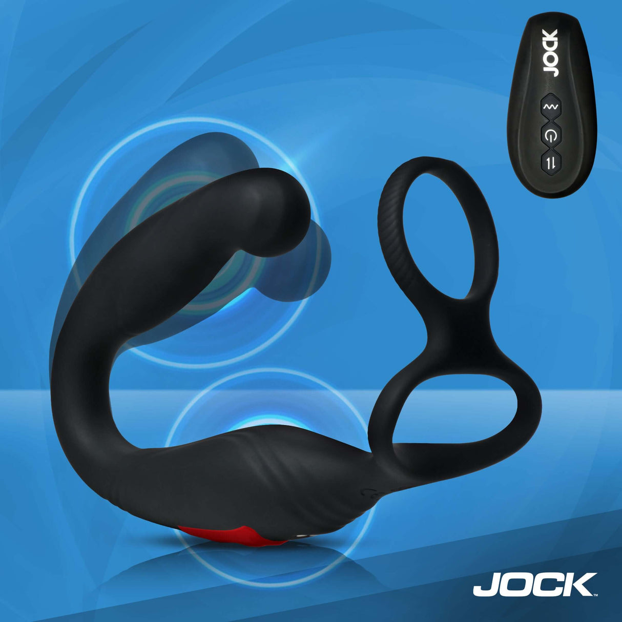 Jock Axis Gyrating Prostate Vibrator with C-Ring, featuring three motors and a double cock-and-ball ring for intense pleasure.