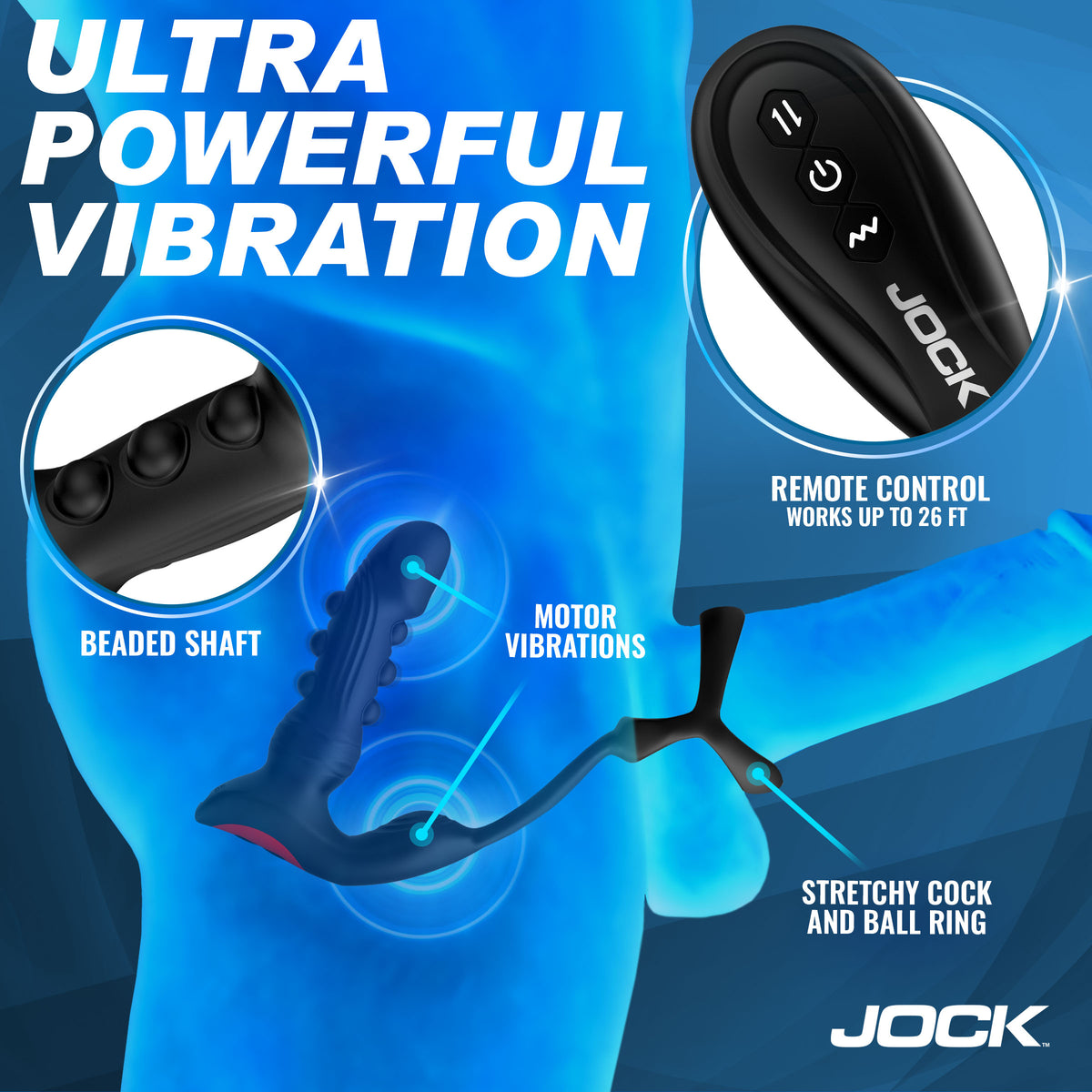 Jock P-Pulse Silicone Prostate Vibrator with Remote Control with beaded shaft and remote device features.