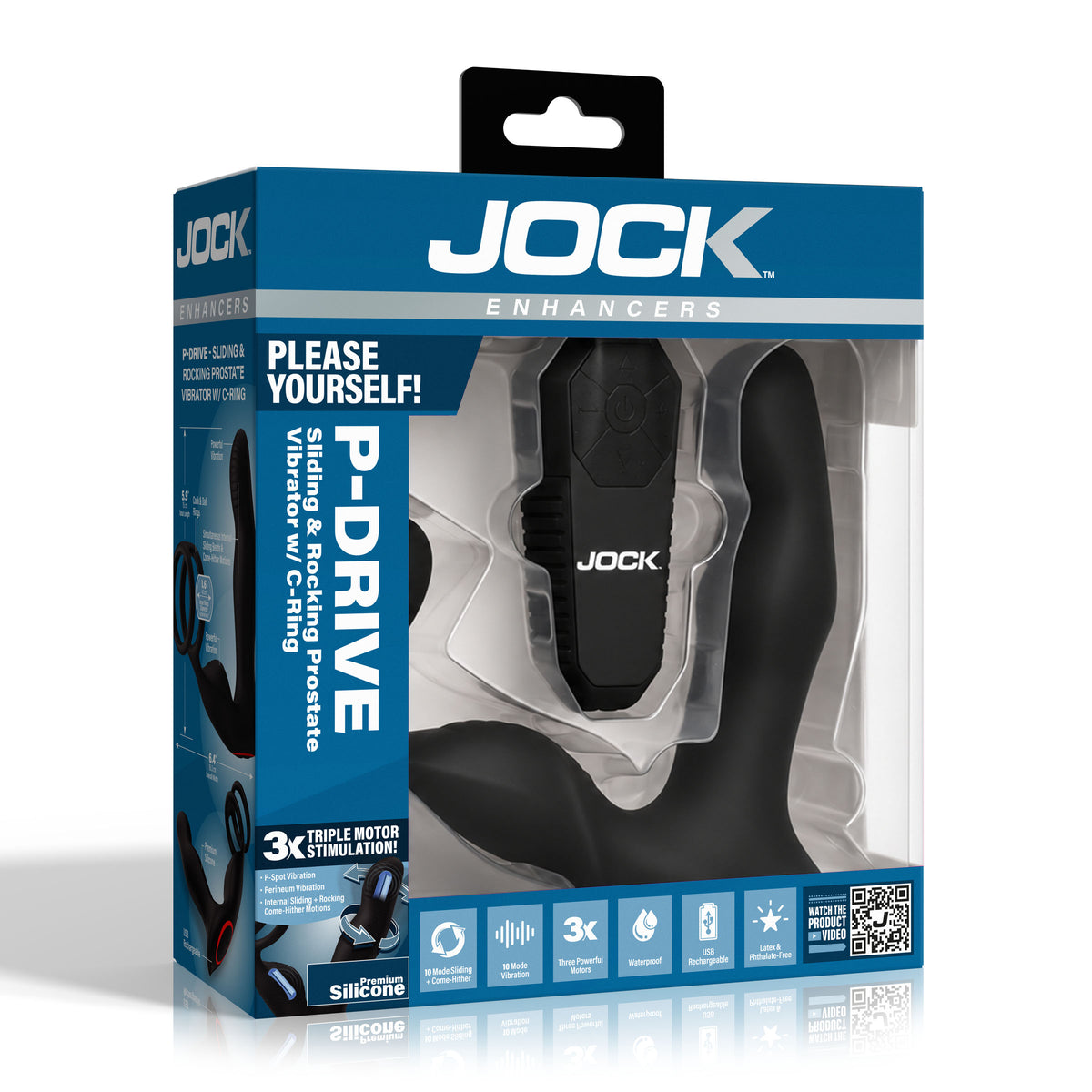 Jock P-Drive Sliding Rocking Prostate Vibrator With C-Ring in packaging, featuring a wireless remote and triple motor stimulation.