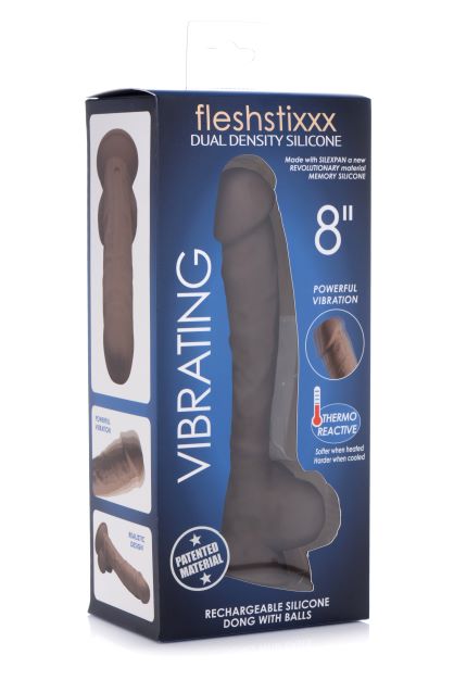 Fleshstixxx 8 Inch Vibrating Dildo With Balls Dark in packaging showing dual density silicone and features.