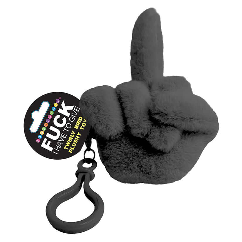 Fucks To Give Twirly Bird Plushie Black keychain featuring a plush middle finger and spinning motion, perfect for self-expression.