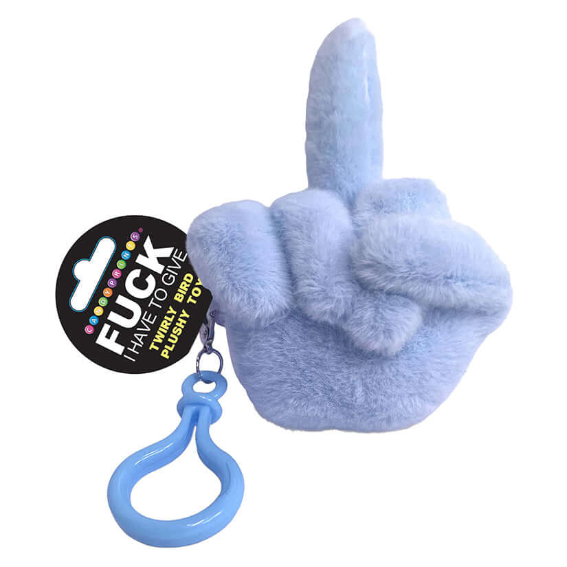 Fucks To Give Twirly Bird Plushie Blue keychain featuring a plushy middle finger with rotating motion.