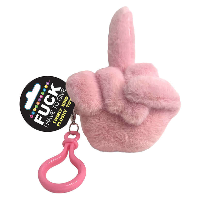 Fucks To Give Twirly Bird Plushie Pink keychain featuring a plush middle finger design and pink clip.