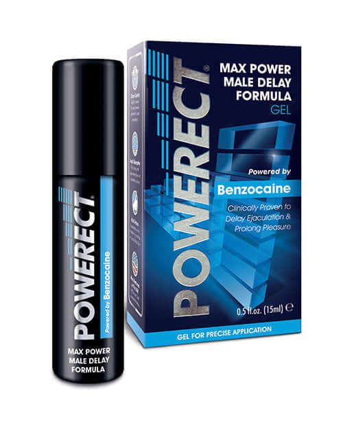 Powerect Benzocaine Male Delay Gel 15 ml packaging with spray applicator for delaying ejaculation and enhancing pleasure.